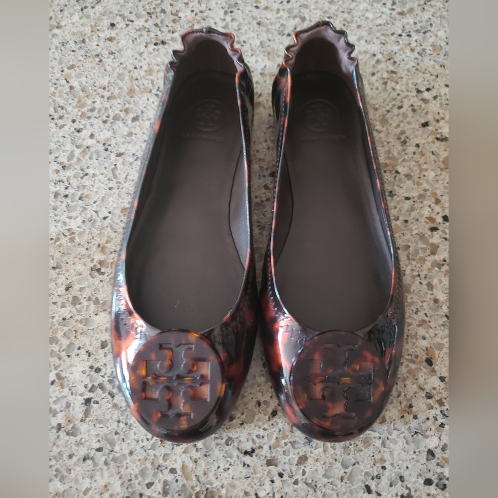 Tory Burch Minnie Travel Ballet Shoes Tortoise Printed Patent Leather Size 6.5 M